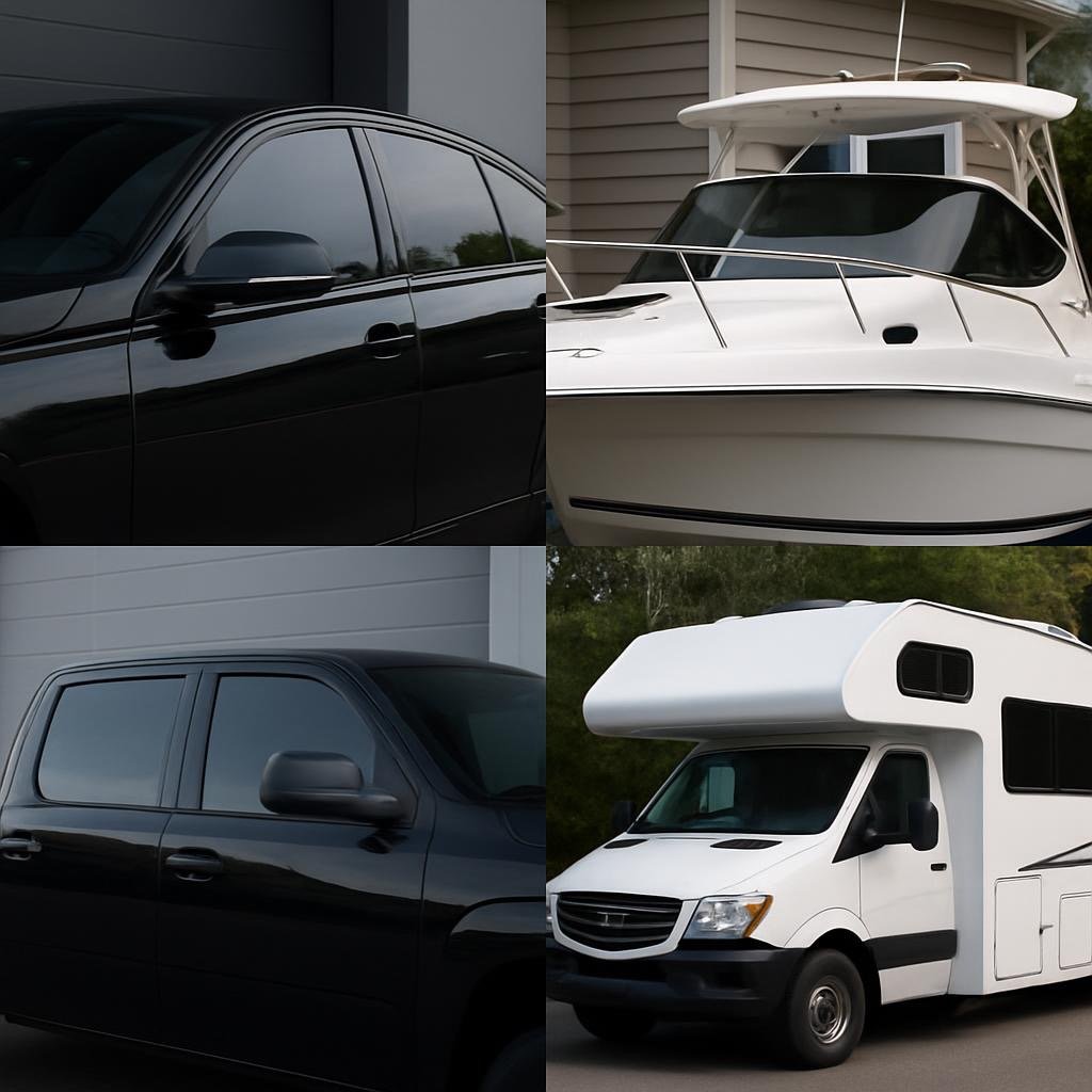 A boat, automobile, truck, and RV with window tinting