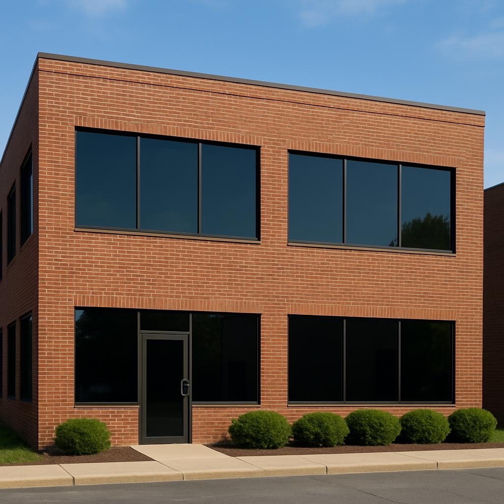 A commercial building with window tinting